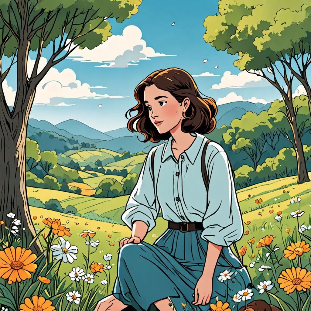 a woman sitting on a rock in a field of flowers and trees with a dog in the foreground, color field, a storybook illustration, Atey Ghailan, comic cover art