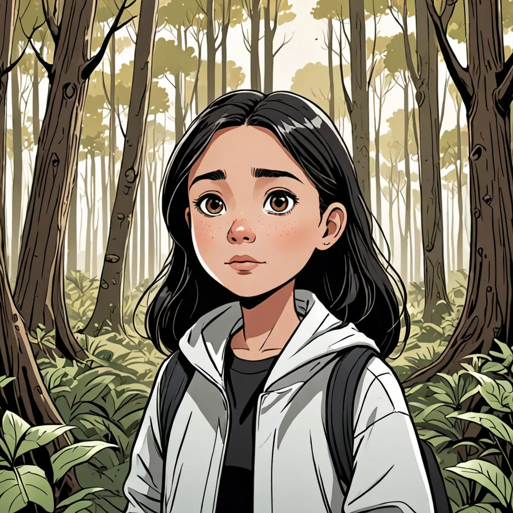 a girl in a forest with trees and bushes behind her is looking at the camera with a sad face, process art, a character portrait, Asaf Hanuka, comic cover art