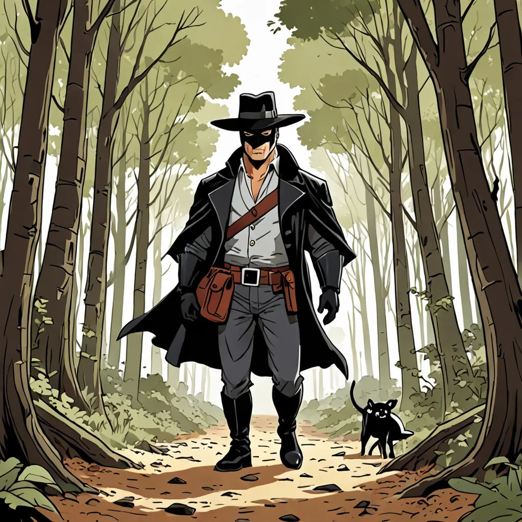a man in a hat and coat walking a dog in a forest with trees and leaves on the ground, serial art, a character portrait, Diego Gisbert Llorens, western comic book art