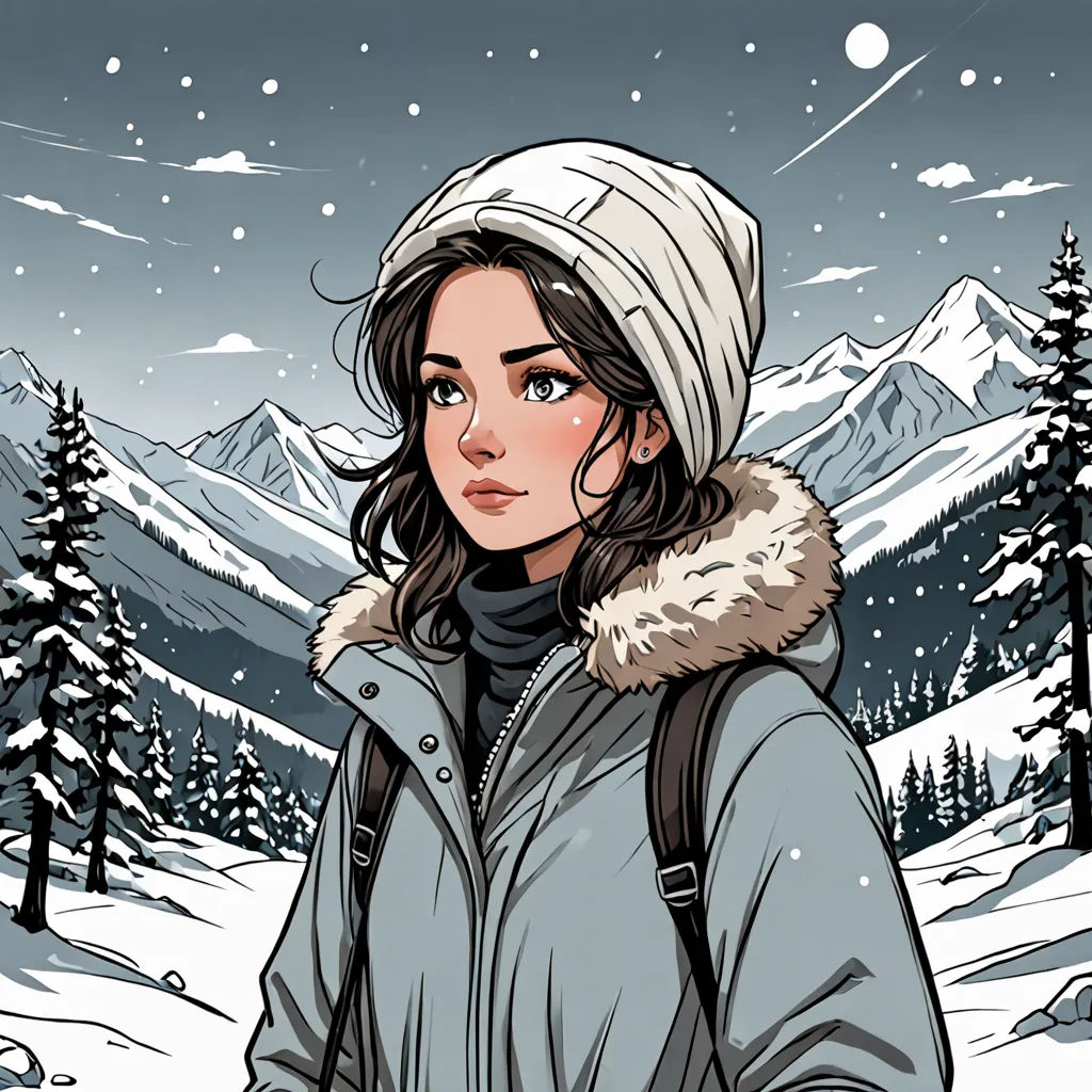 a woman in a winter coat and a hat is standing in the snow with a snowy mountain in the background, fantasy art, a character portrait, Atey Ghailan, comic cover art
