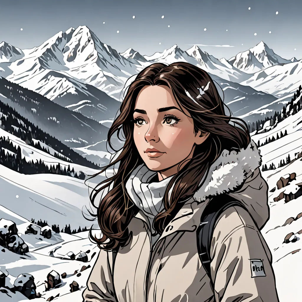 a woman in a jacket standing in the snow with mountains in the background and snow falling on her head, figurative art, a comic book panel, Colin Middleton, comic cover art