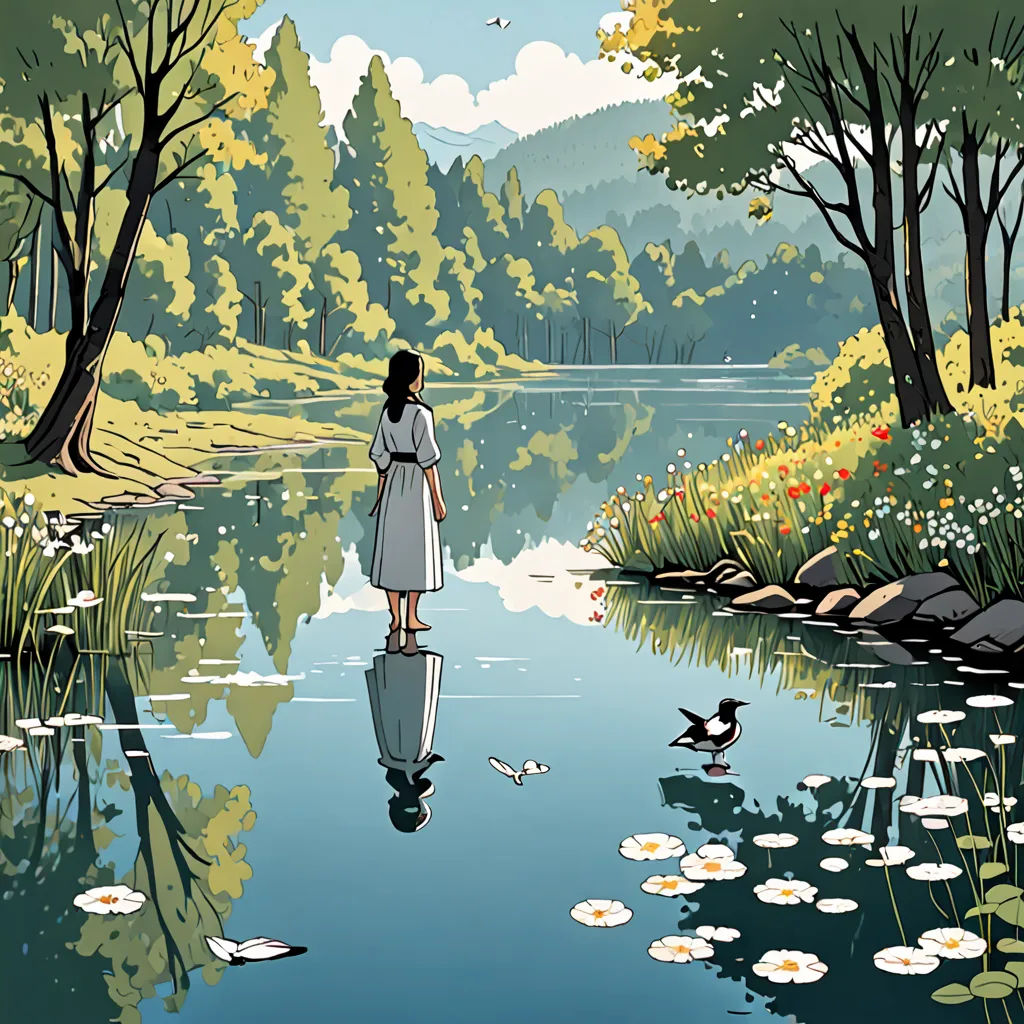 a woman standing on a river bank looking at a lake with ducks in it and trees and flowers around, ukiyo-e, a storybook illustration, Atey Ghailan, lake