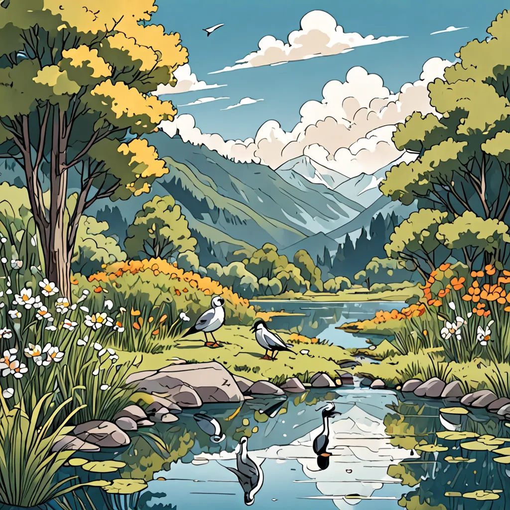 a painting of a river with birds flying over it and mountains in the background with clouds and flowers on the bank, environmental art, a storybook illustration, Dan Mumford, lake