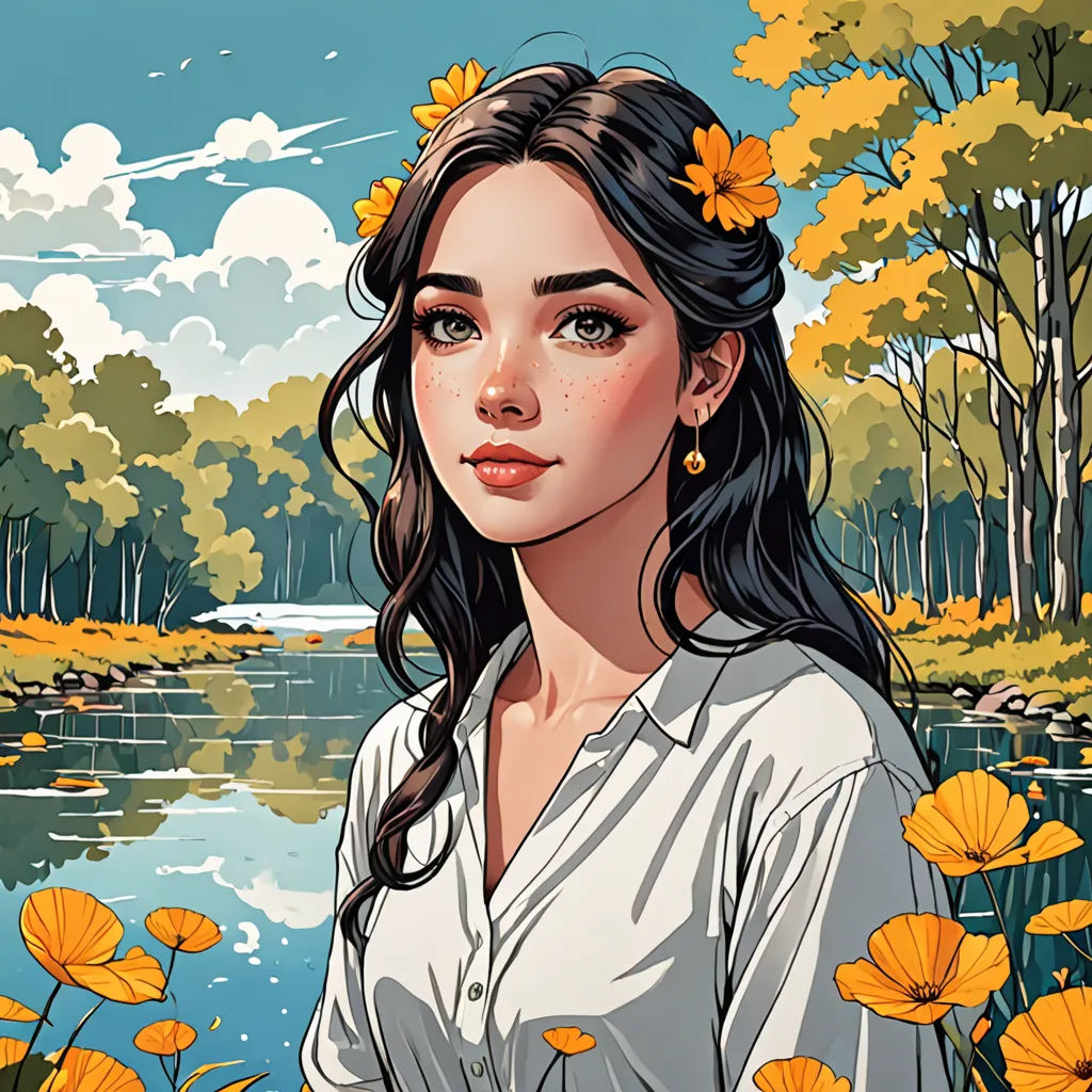 a woman with flowers in her hair standing in front of a river and trees with yellow flowers in her hair, fantasy art, a detailed drawing, Atey Ghailan, rossdraws global illumination