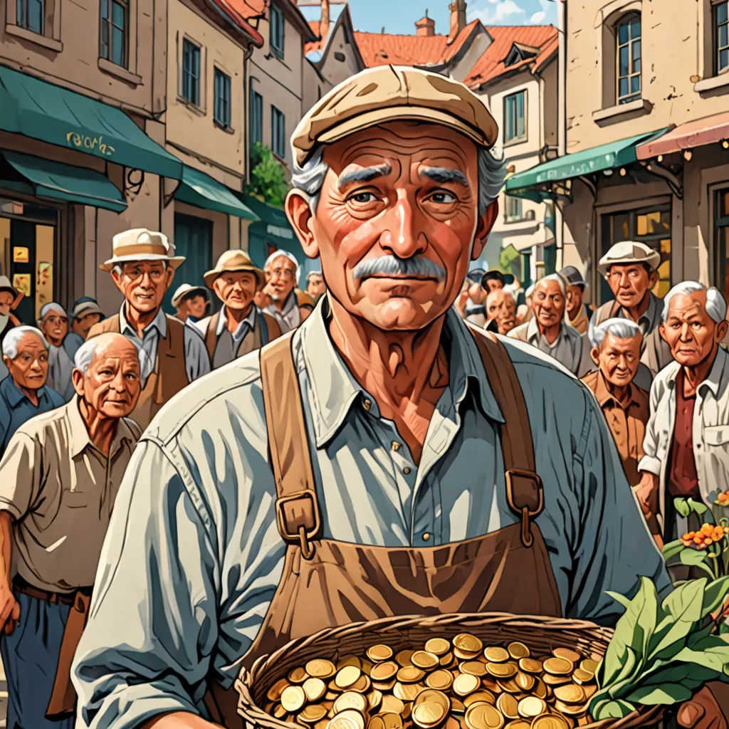 a man holding a basket of gold coins in front of a crowd of people in a town square with a man in a hat, socialist realism, a storybook illustration, Edward Sorel, highly detailed digital painting