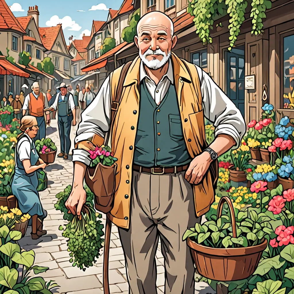 a man with a cane and a beard is standing in a garden area with flowers and people in the background, arts and crafts movement, a storybook illustration, Colin Middleton, official art
