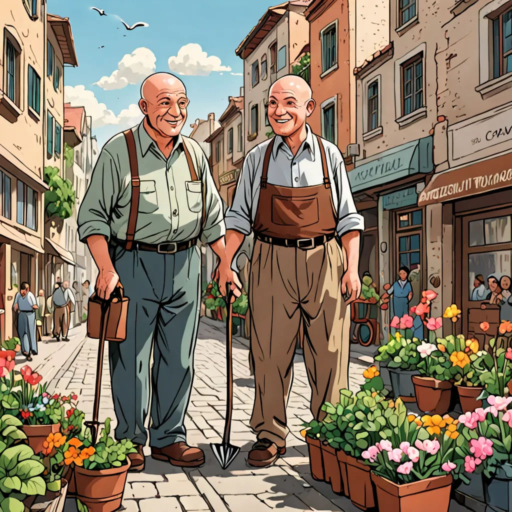 two men standing on a street with potted plants and flowers in front of them, one holding a cane, fantastic realism, a storybook illustration, Brothers Hildebrandt, storybook illustration