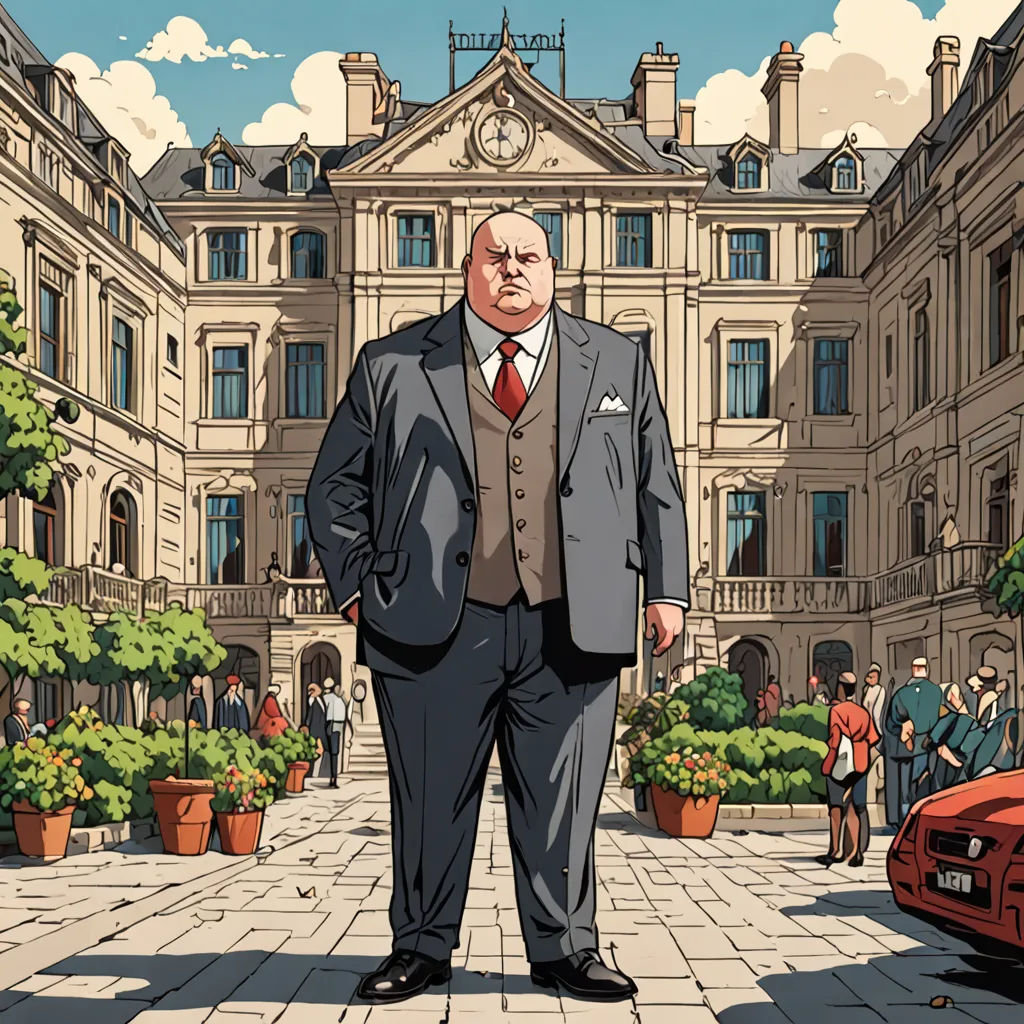 a man in a suit standing in a courtyard with a red car in the background and people walking around, les automatistes, a character portrait, Eric de Kolb, graphic novel