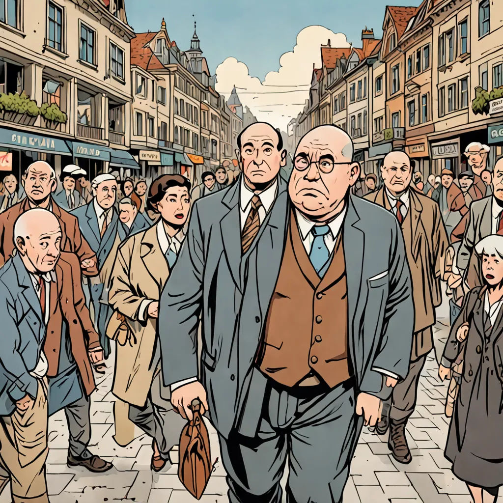 a crowd of people walking down a street next to tall buildings and tall buildings with shops on each side, les automatistes, a comic book panel, Asaf Hanuka, graphic novel
