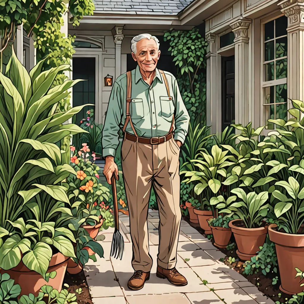 a man standing in front of a house with a garden in front of him and a garden in the back, precisionism, a character portrait, Bob Singer, in gouache detailed paintings