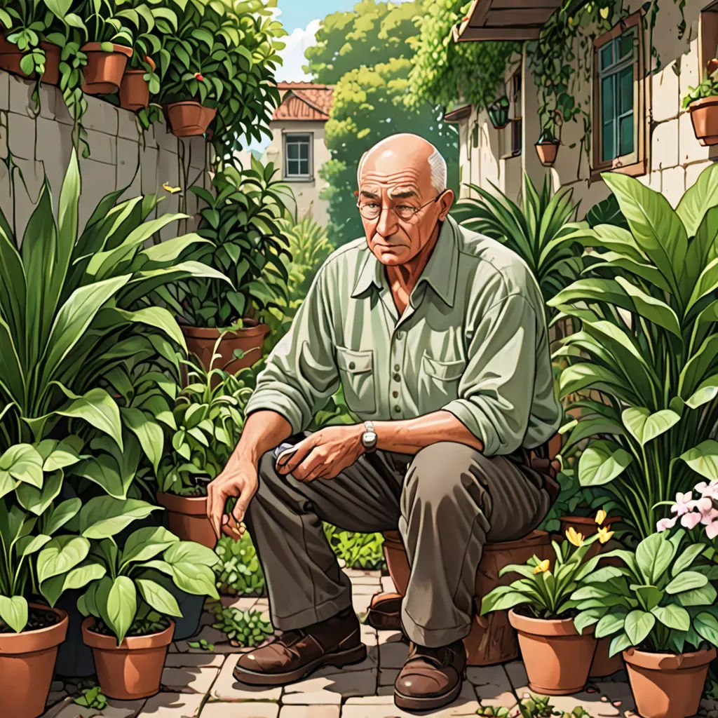 a man sitting on a bench in a garden filled with plants and flowers, with a house in the background, photorealism, a character portrait, Aaron Jasinski, official art