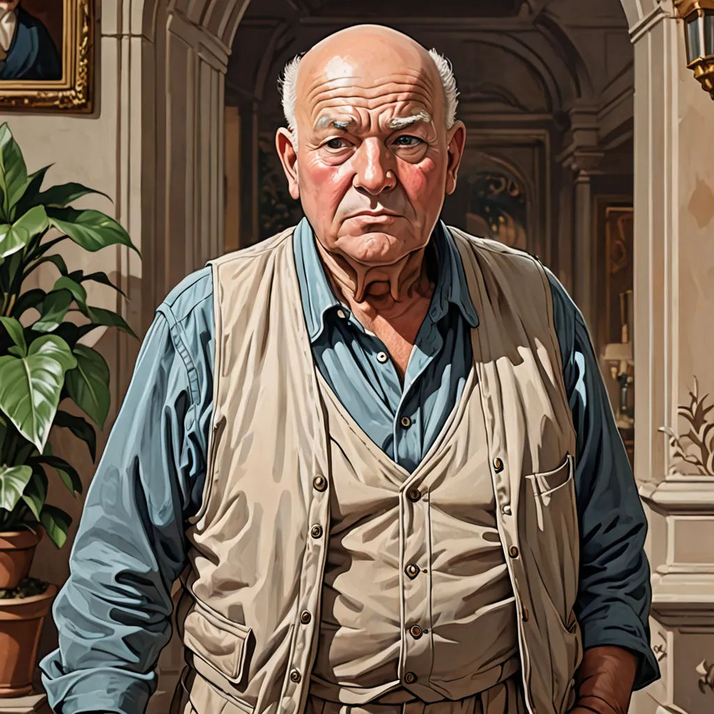 a painting of a man in a vest and a potted plant in the background, with a painting of a man in a blue shirt and tan vest, hyperrealism, a character portrait, Arie Smit, in gouache detailed paintings