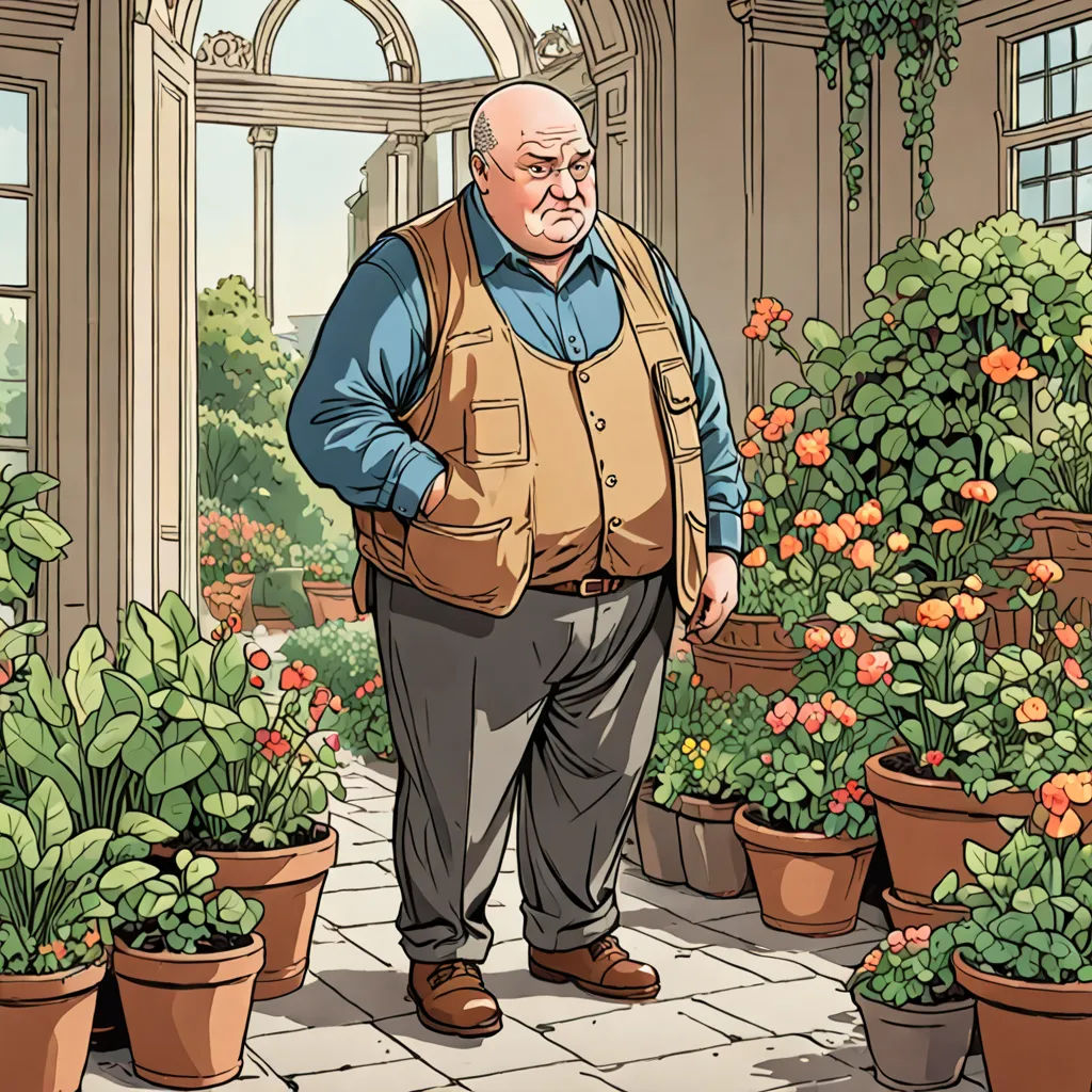 a man standing in a greenhouse with potted plants and flowers in the background, looking at the ground, arts and crafts movement, a character portrait, Colin Middleton, official art