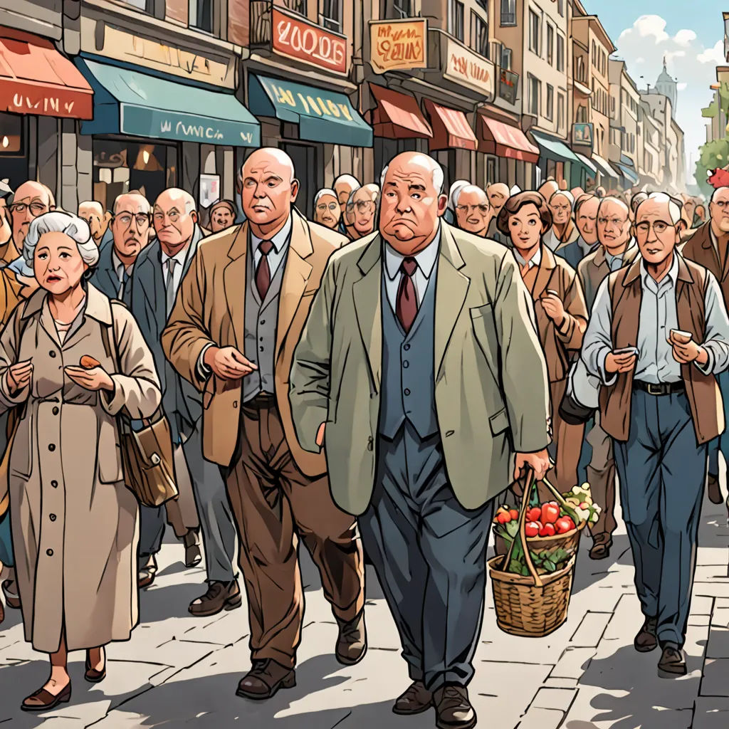 a group of people walking down a street next to a crowd of people in coats and ties and holding baskets, les automatistes, a comic book panel, Asaf Hanuka, graphic novel