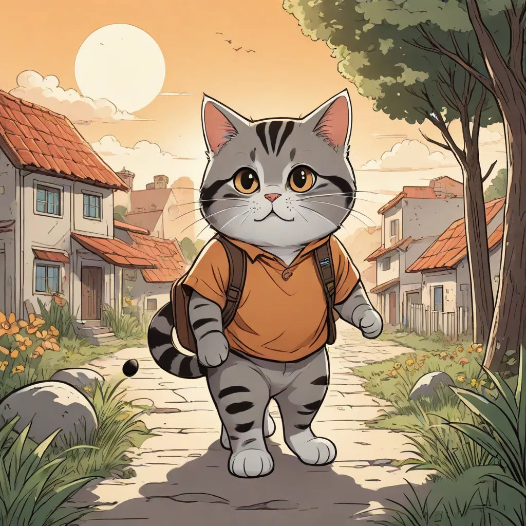 a cat with a backpack is walking down a path in the woods with a house in the background and a tree in the foreground, furry art, a storybook illustration, Cedric Seaut (Keos Masons), official art