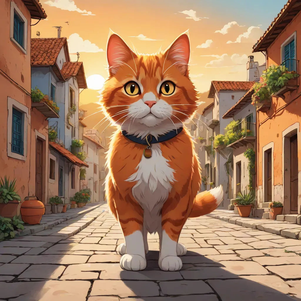 a cat sitting on a cobblestone street in front of a sunset sky with a house and a potted plant, sots art, computer graphics, Duccio, official art