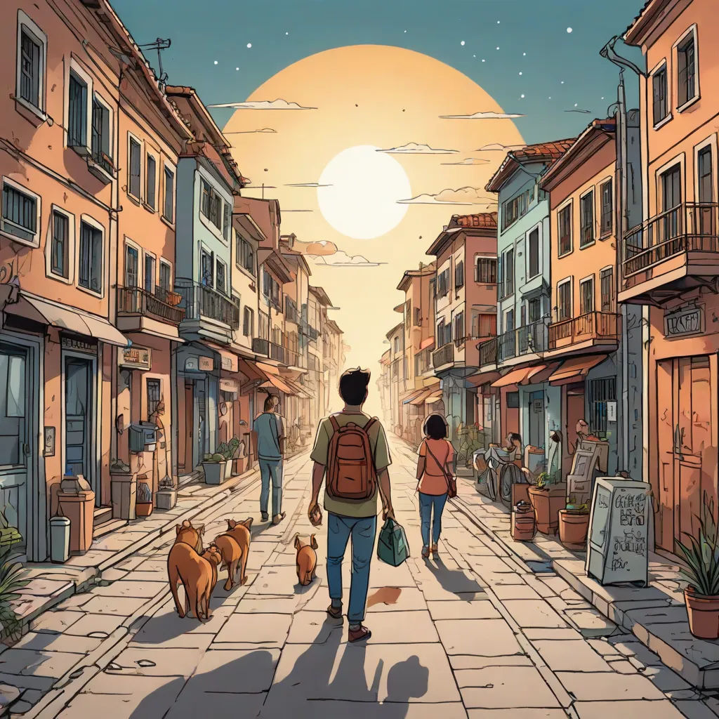 a man and a woman walking down a street with a dog and a cat on the sidewalk in front of them, magical realism, a storybook illustration, Asaf Hanuka, comic cover art