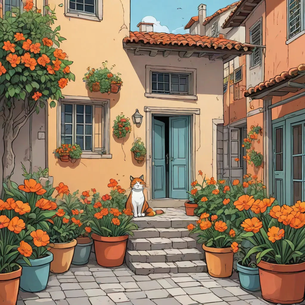 a cat sitting on a stone walkway between two buildings with potted flowers and a cat sitting on the steps, aestheticism, a comic book panel, Asaf Hanuka, ghibli
