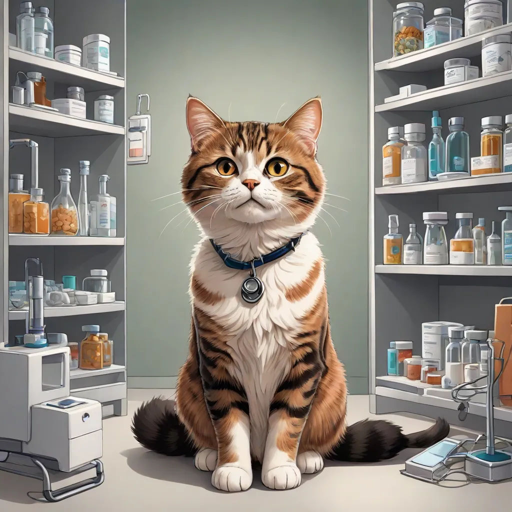 a cat sitting on a table in a room with shelves of medicine and a phone on the floor next to it, furry art, a storybook illustration, Chris LaBrooy, ultra realistic illustration