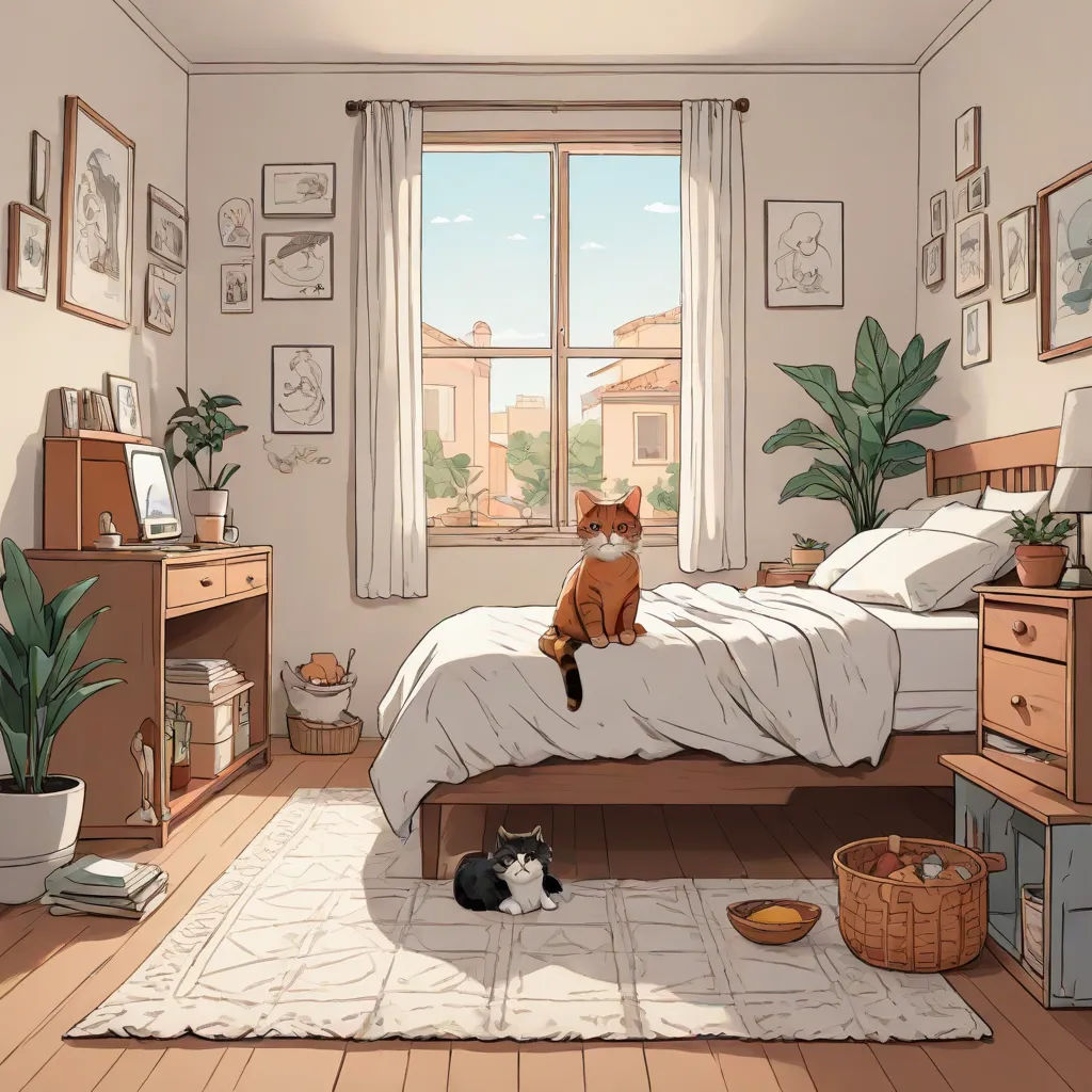 a cat sitting on a bed in a bedroom with a cat on the floor and a cat laying on the floor, furry art, a storybook illustration, Atey Ghailan, detailed art