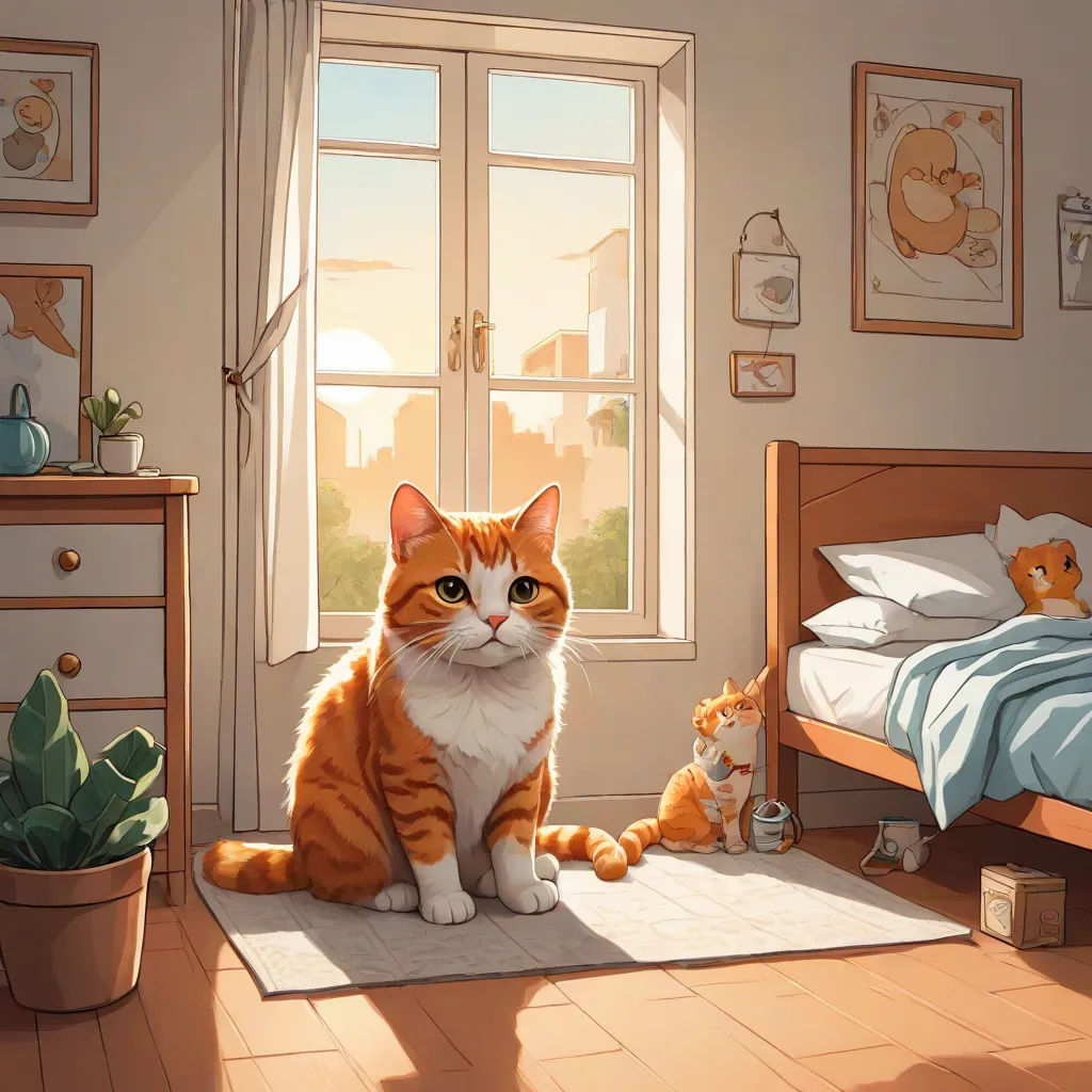 a cat sitting on a rug in a bedroom next to a window and a bed with a cat on it, furry art, a storybook illustration, Chris LaBrooy, official art