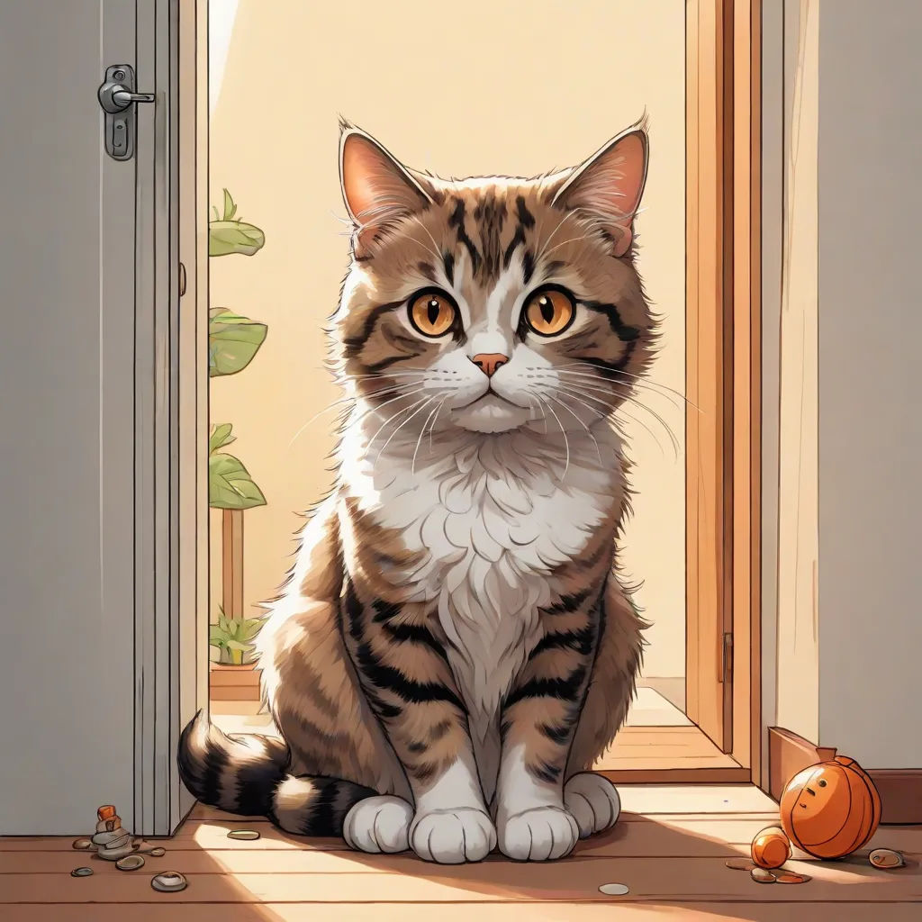 a cat sitting on the floor in front of a door with a mouse nearby and a door with a cat on it, furry art, a comic book panel, Dan Mumford, ultra realistic illustration