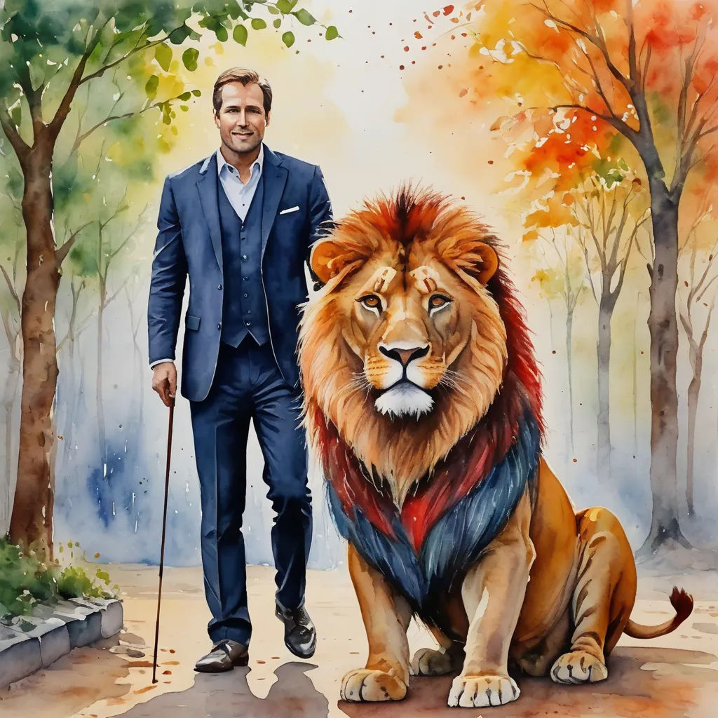 a painting of a man standing next to a lion in a forest with trees and leaves on the ground, arbeitsrat für kunst, a fine art painting, Esao Andrews, realistic painting