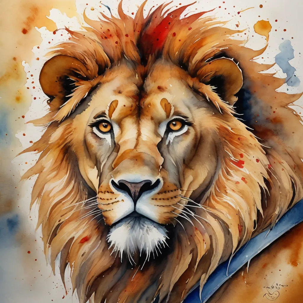 a painting of a lion with a blue ribbon around its neck and eyes, with watercolor stains on the background, lyco art, a watercolor painting, Alison Kinnaird, watercolor