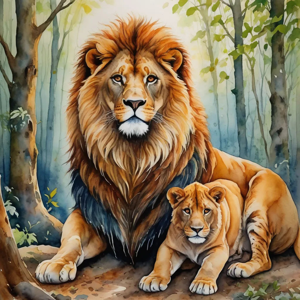 a painting of two lions sitting in the woods together, one is looking at the camera and the other is looking at the camera, furry art, a watercolor painting, Brothers Hildebrandt, oil painting