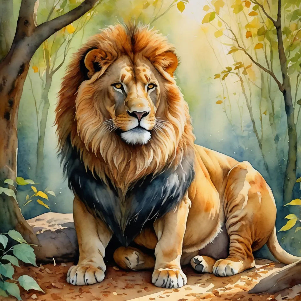 a painting of a lion sitting in the woods with trees in the background and leaves on the ground around it, furry art, a watercolor painting, Carlos Catasse, highly detailed digital painting