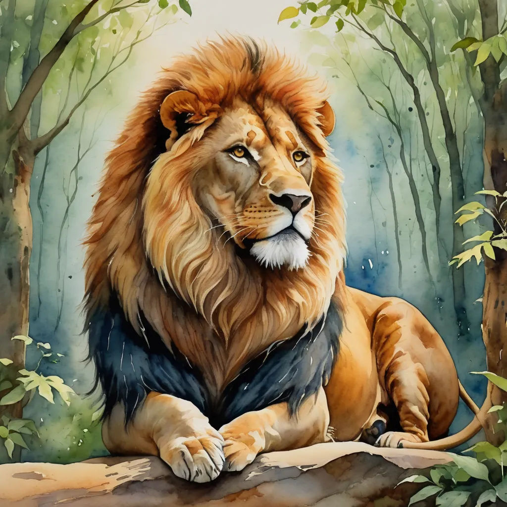 a painting of a lion sitting on a rock in the woods with trees in the background and water droplets on the ground, furry art, a digital painting, Carlos Catasse, highly detailed digital painting