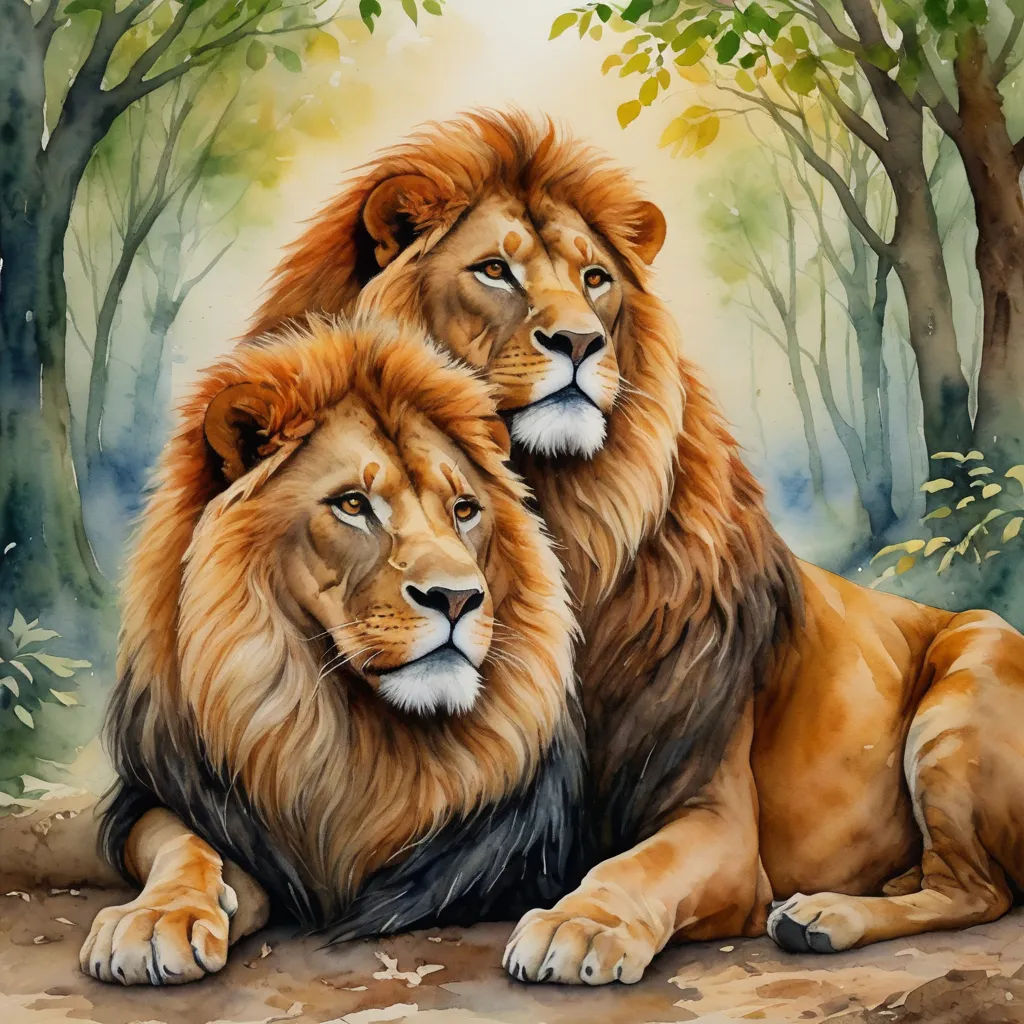 a painting of two lions sitting next to each other in a forest with trees and leaves on the ground, furry art, an airbrush painting, Anne Stokes, oil painting