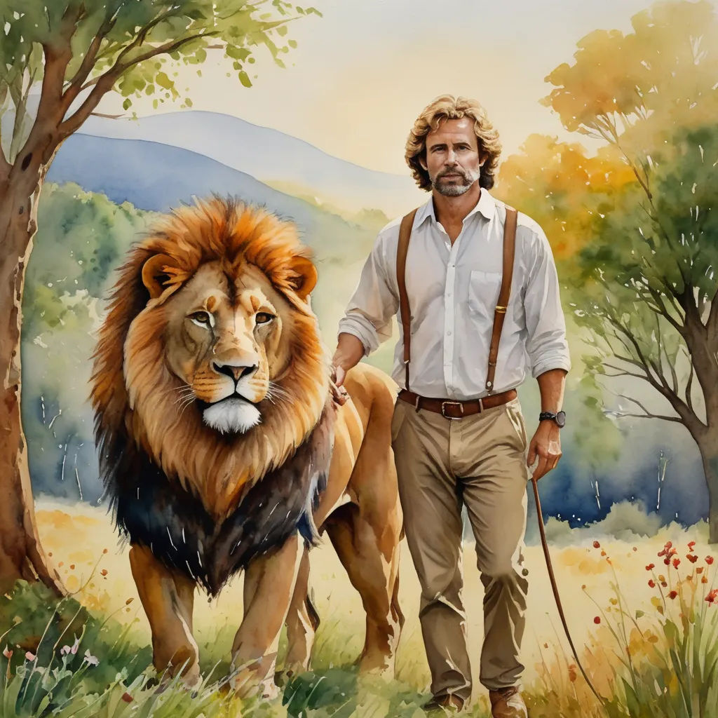 a man is walking a lion in a field with trees and flowers behind him, with a cane in his hand, fantastic realism, a photorealistic painting, David Palumbo, highly detailed digital painting