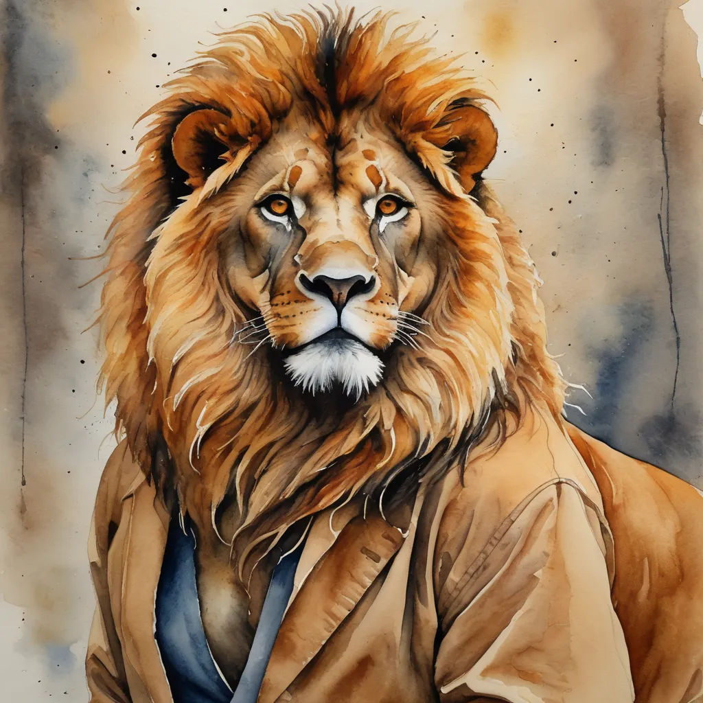 a painting of a lion wearing a coat and tie with a watercolor background of a man's face, figurative art, a watercolor painting, Esao Andrews, watercolor