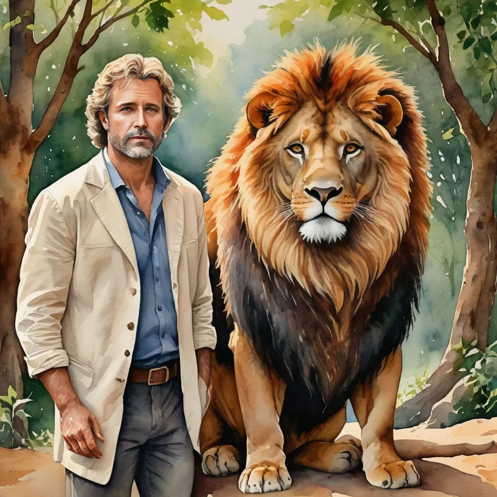 a painting of a man standing next to a lion in a forest with trees and bushes behind him,, massurrealism, a fine art painting, David Palumbo, highly detailed digital painting