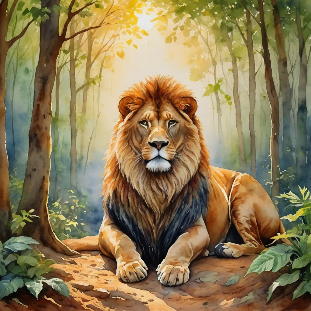 a painting of a lion sitting in the middle of a forest with trees and leaves around it's edges, fantasy art, an airbrush painting, Anne Stokes, professional digital painting