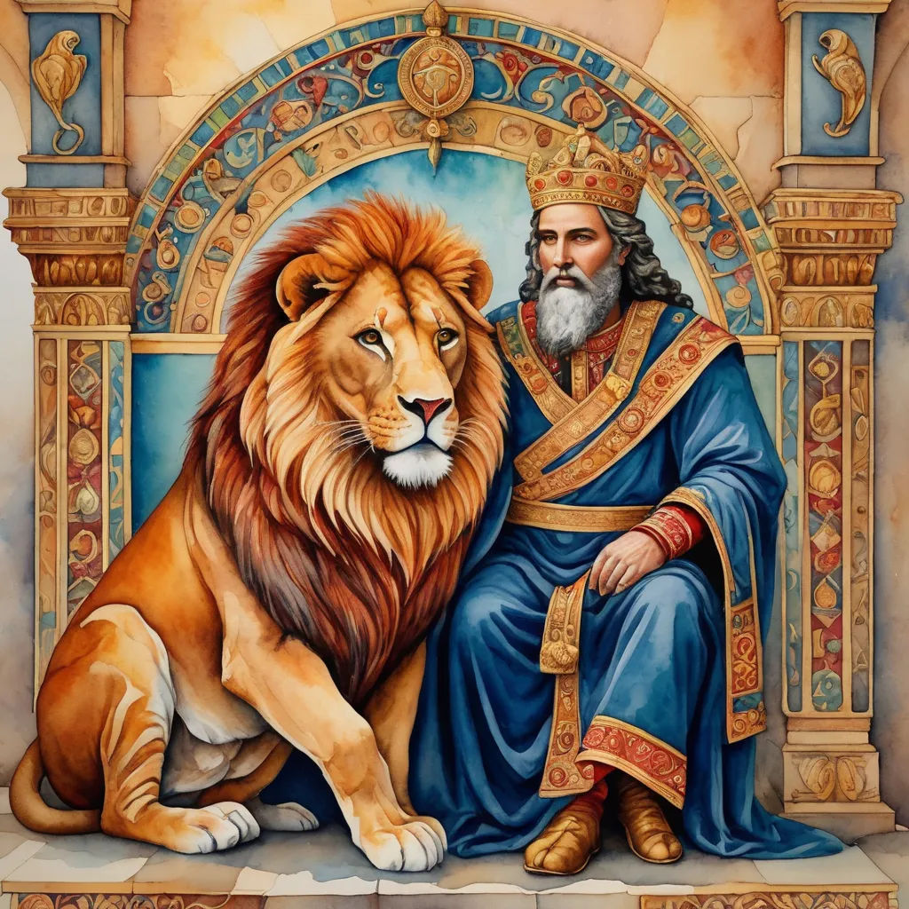 a painting of a man and a lion sitting on a throne with a crown on it's head, qajar art, a detailed painting, Edwin Georgi, regal