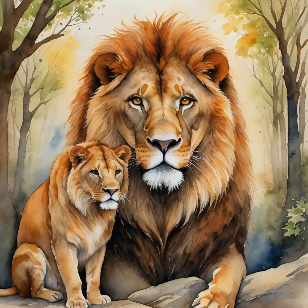 a painting of two lions sitting on a rock in the woods with trees in the background and one of them is looking at the camera, furry art, a watercolor painting, Anne Stokes, oil painting
