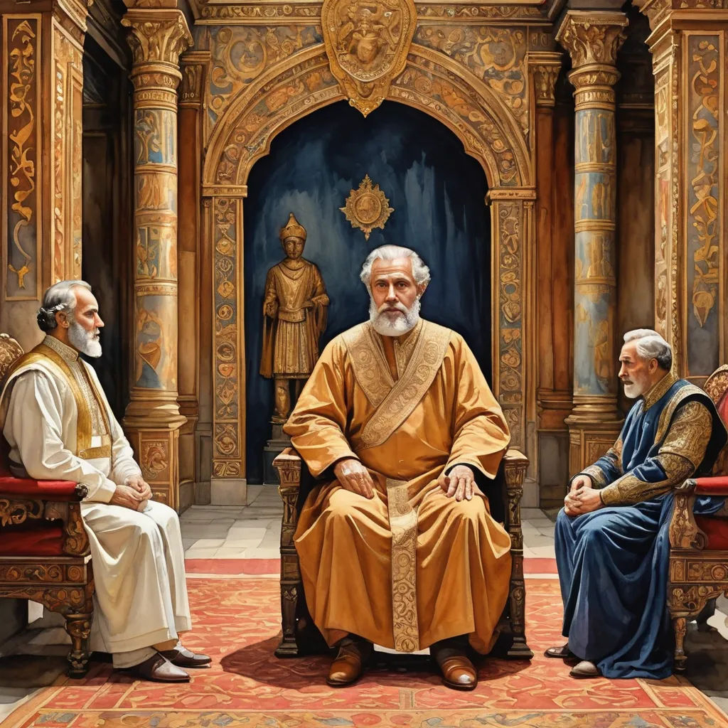 a painting of a priest sitting in a chair with two other men sitting down in front of him and a statue of a man in the background, photorealism, a detailed painting, Brothers Hildebrandt, highly detailed digital painting
