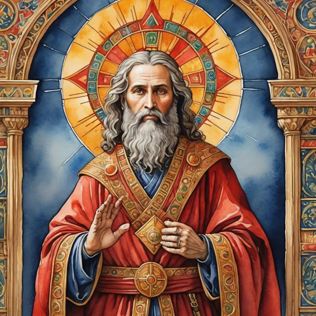 a painting of a man with a beard and a cross on his chest, in front of a stained glass window, romanesque, a detailed painting, Dionisius, red