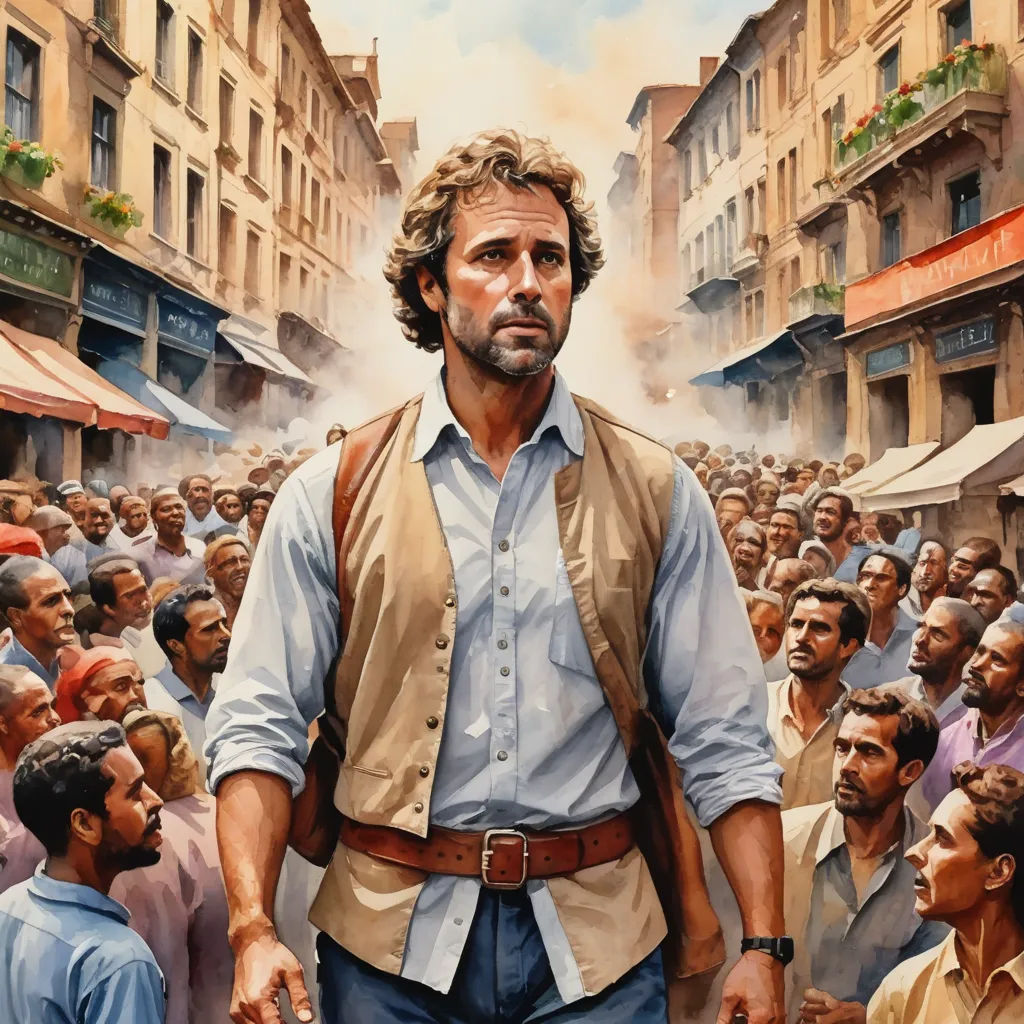 a painting of a man in a crowd of people in a city street with a man in a vest, socialist realism, a detailed matte painting, Drew Struzan, official art