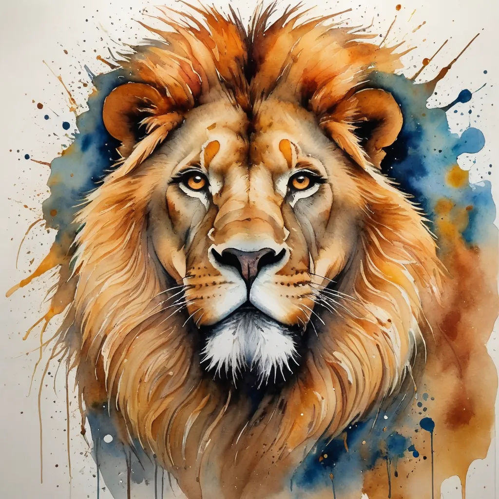 a painting of a lion with a watercolor effect of it's face and manes, with a blue background, lyco art, an airbrush painting, artist, highly detailed digital painting