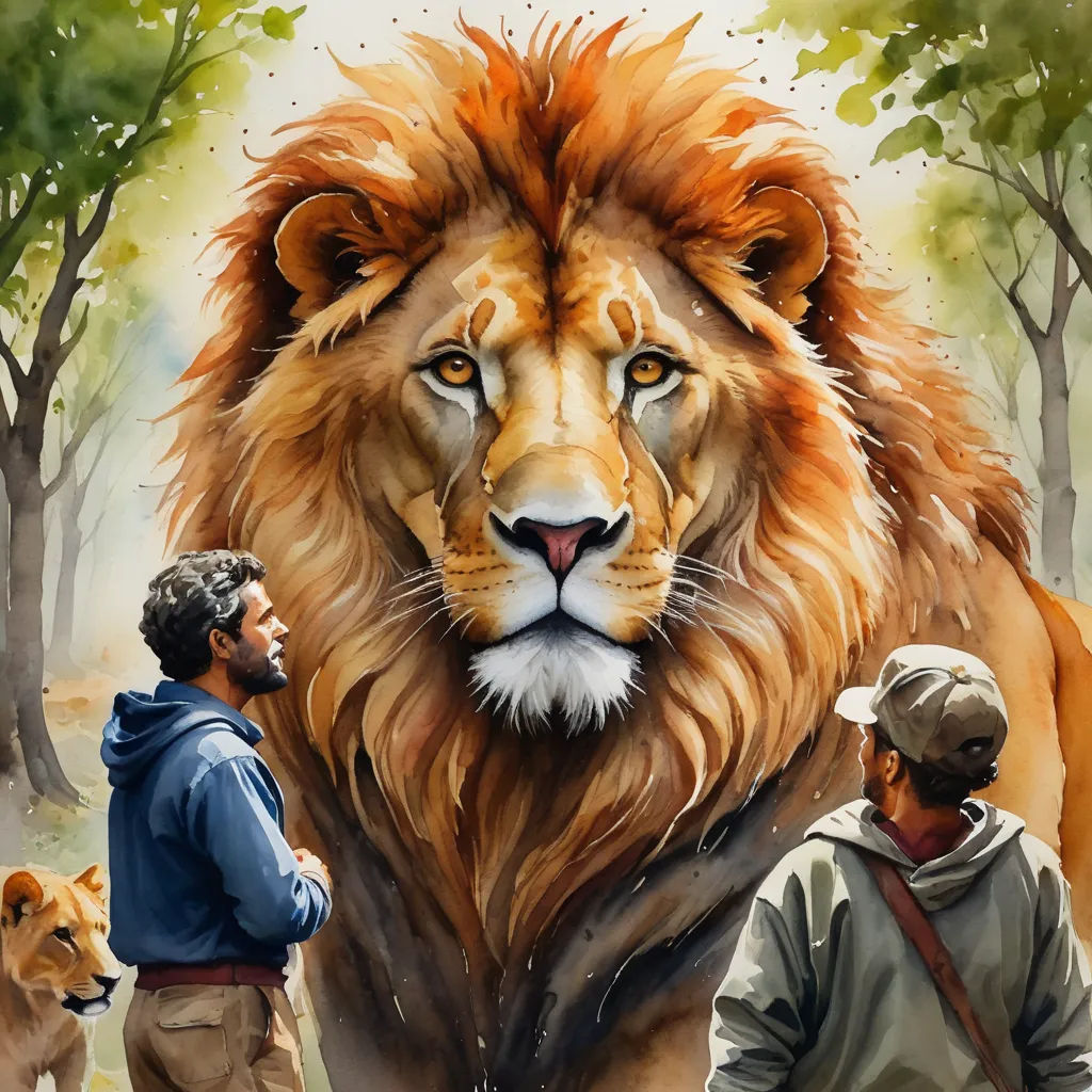 a painting of a lion and two men with a dog in the background, and a man in the foreground, fantastic realism, a digital painting, Chris LaBrooy, highly detailed digital painting