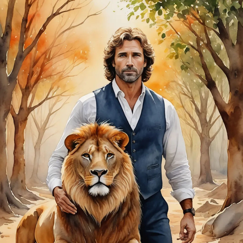 a man holding a lion in a forest with trees in the background and a painting of a man in a vest, figurative art, a fine art painting, Bryan Organ, trending on art station