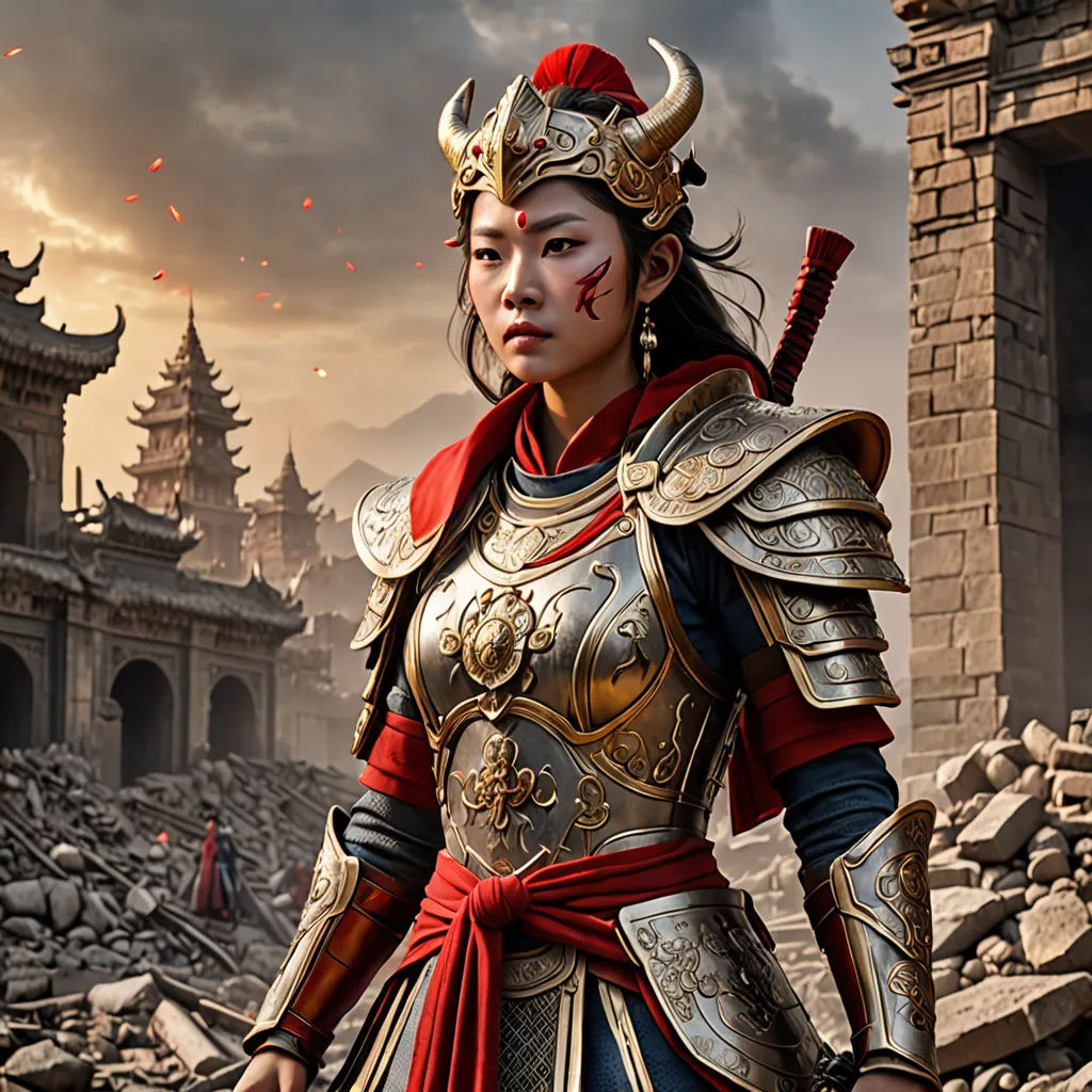 a woman in a costume standing in front of a castle with a sword in her hand and a helmet on, fantasy art, a detailed matte painting, Clint Cearley, magic the gathering artwork