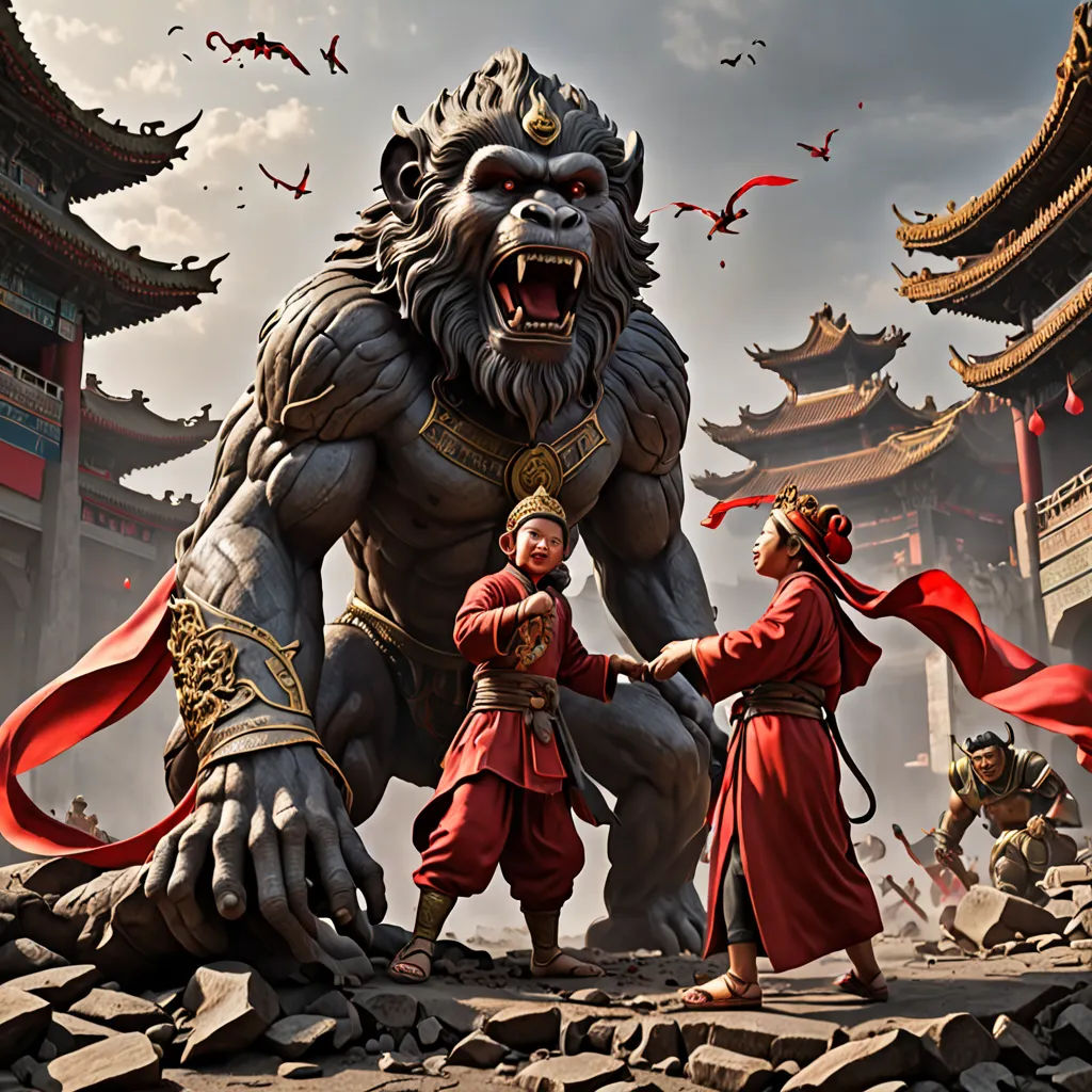 a man and woman standing next to a giant beast in a chinese city with a sky background and birds flying overhead, fantasy art, a detailed matte painting, Clint Cearley, rossdraws global illumination