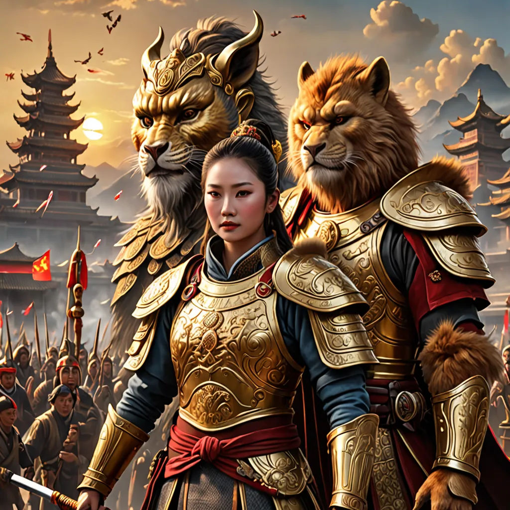 a woman in a costume standing next to a lion and a tiger in front of a crowd of people, fantasy art, a detailed painting, Emperor Huizong of Song, key art
