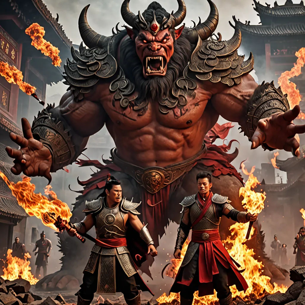 a group of men standing next to each other in front of a fire filled sky with a demon on it, fantasy art, a detailed matte painting, Dai Jin, unreal engine 5