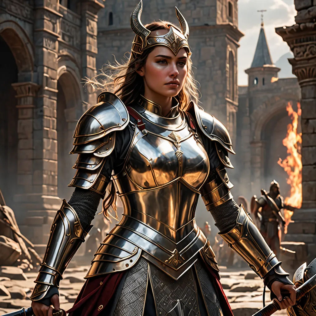 a woman in a armor holding a sword and a shield in a courtyard of a castle with flames in the background, fantasy art, concept art, Clint Cearley, magic the gathering artwork