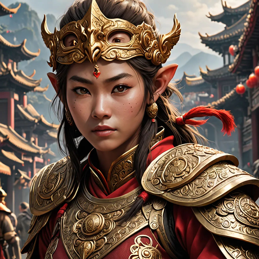 a woman in a chinese costume with a helmet and a sword in her hand, in front of a background of oriental buildings, fantasy art, a character portrait, Dai Jin, epic fantasy character art